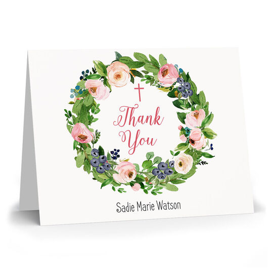Rose Wreath with Cross Folded Thank You Note Cards